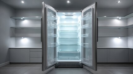 Poster - Open fridge with symmetrical shelves, completely empty
