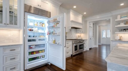 Poster - Open refrigerator in bright white kitchen with no contents
