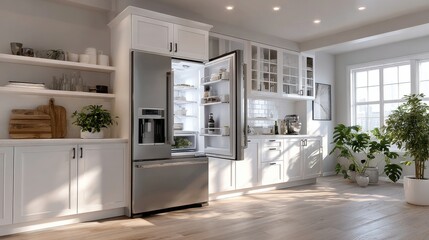 Poster - Open refrigerator in bright white kitchen with no contents