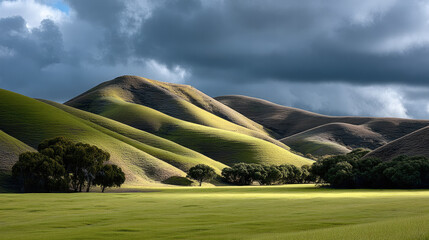 Poster - Rolling green hills under dramatic cloudy sky, sunlight casting shadows, peaceful landscape with trees and lush grassland