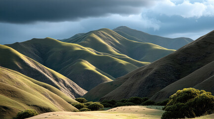 Poster - Rolling green hills under dramatic sky, sunlight casting shadows on landscape, peaceful and serene nature scene, lush grass, distant mountains