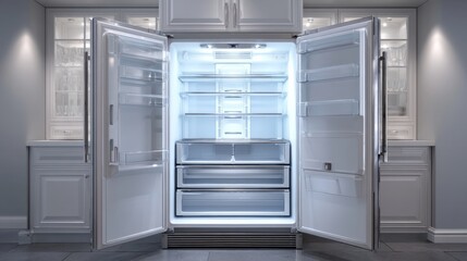 Poster - Open refrigerator with clear shelves and drawers, no contents 