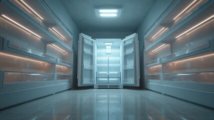Poster - Perfectly empty refrigerator with cold tones and symmetry 