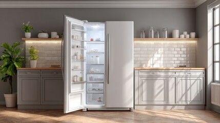 Poster - Refrigerator standing open in empty modern kitchen 