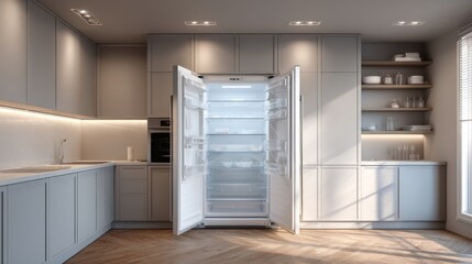 Poster - Refrigerator standing open in empty modern kitchen 