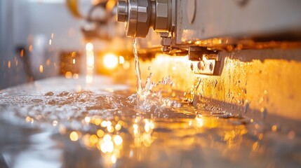 Poster - Water flowing from machinery during industrial processing in a manufacturing facility at dusk