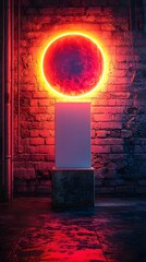 Wall Mural - Glowing neon speaker with 3D soundwave effects and a subtly illuminated blank card