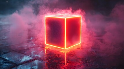 Poster - Glowing neon cube speaker with blank card below