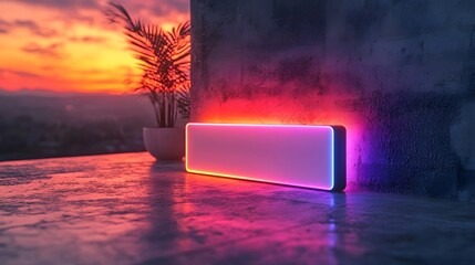 Poster - Vibrant neon speaker illuminating a blank card in a modern studio setting