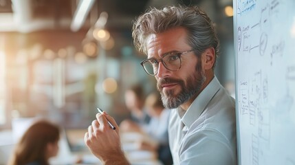 Poster - Business professional discussing ideas in a modern office space during a team meeting with colleagues in the background