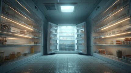 Poster - Wide open fridge, empty glass shelves glowing softly 