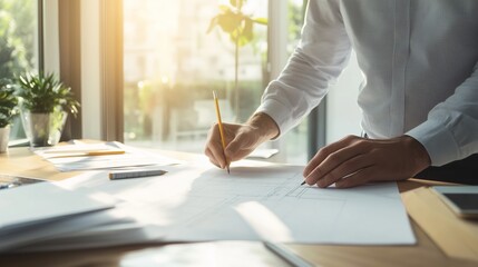 Poster - Person sketching plans at a desk in a sunlit office filled with greenery and scattered papers
