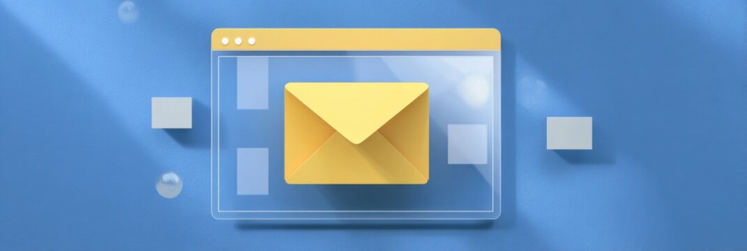 Digital email message arrives in a modern, minimalist online interface, symbolized by a yellow envelope in a glass window.
