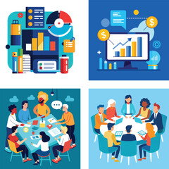 Fototapete - Vector art of diverse business teams collaborate around tables, using laptops and discussing strategies for growth and success