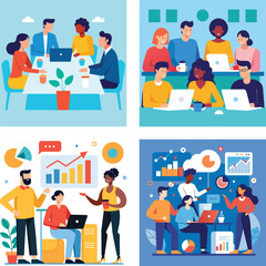 Fototapete - Vector art of a diverse team collaborates on a project during a vibrant and productive meeting in a modern office setting