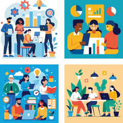 Fototapete - Vector art of a diverse team collaborates on a project during a vibrant and productive meeting in a modern office setting