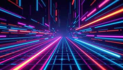 Poster - Abstract digital lines of different colors and neon lights create a dynamic sense of speed