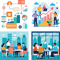 Fototapete - Vector art of a diverse team collaborates on a project during a vibrant and productive meeting in a modern office setting