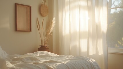 Poster - Soft morning light illuminates a cozy bedroom with natural decor and warm tones
