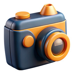Aufkleber - 3 D render of a stylized toy camera in blue and orange with a lens and buttons, a digital illustration isolated on a transparent background