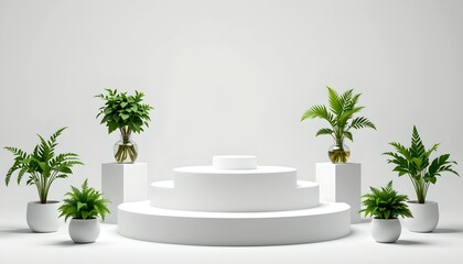 Poster - an elegant white podium surrounded by lush green plants, perfect for showcasing products or presentations. This minimalist and nature-inspired design evokes a sense of freshness and sophistication.
