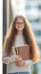 Aufkleber - Portrait of a smiling schoolgirl with long hair and eyeglasses holding books in the school hallway, representing back to school and education concepts
