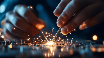 Poster - Hands meticulously assembling electronic components with sparks flying in a detailed close-up view