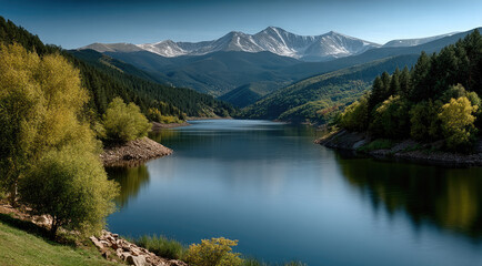 Poster - Snow capped mountain forest calm lake reflection blue sky peaceful nature landscape panoramic view outdoor