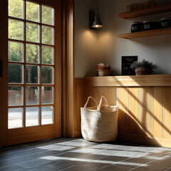 Poster - Bright wooden front door, sunlight streaming, cozy basket, modern Japanese interior, minimalist decor, peaceful morning mood