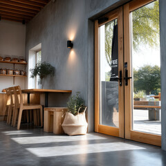 Aufkleber - Modern cafe interior with wooden furniture, sunlight streaming through glass door, cozy atmosphere, potted plant, bread on shelves