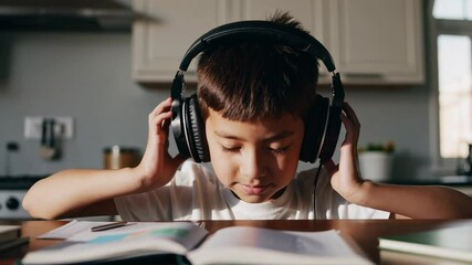 Poster - Focused young pupil wearing headphones is studying at home, sitting at kitchen table and reading a book, listening to lesson or music for better concentration