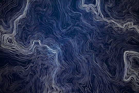 Topographic lines, dark blue background, dark gray and white, digital art style.

