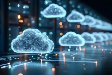Fototapete - 3D rendering of a glowing cloud icon on a data center with virtual clouds in the background, close-up.