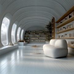 Aufkleber - Modern curved library interior with large windows, white sofa, wooden shelves, natural light, and minimalist decor create peaceful reading space