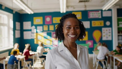 Poster - Confident african american female educator radiating warmth while supervising learning environment, with attentive students working diligently in elementary school classroom background