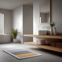 Poster - Modern bathroom with rectangular colorful rug, wooden shelves, white sink, mirror, and natural light creates calm, inviting atmosphere