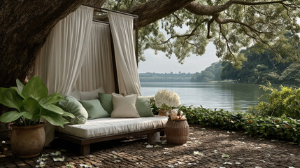 Poster - Elegant outdoor daybed with white curtain, green cushion, and potted plant under large tree by tranquil lake, peaceful atmosphere