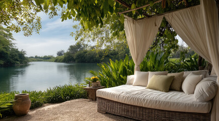 Poster - Outdoor daybed with white cushion, canopy, and pillows beside tranquil river, surrounded by lush green plants, peaceful and inviting retreat