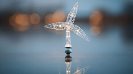 Poster - Wireframe light bulb shaped like wind turbine glows softly against blurred background, symbolizing renewable energy innovation and sustainable technology