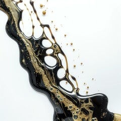 Poster - Black and gold liquid flowing on white background creating bubbles and interesting shapes