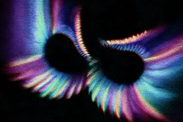 Poster - 
Vintage, grainy gradient from purple to blue, blurry black light waves, close-up of two large