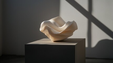 Poster - Modern art sculpture highlights intricate design in soft light within an art gallery setting