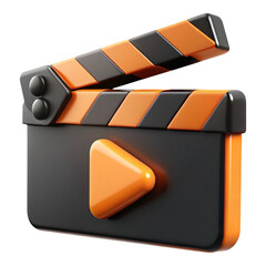 Fototapete - 3 D rendered stylized movie clapperboard with black and orange color scheme and a play button icon isolated on a transparent background