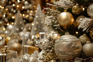 Poster - Close up view of sparkling silver and gold christmas ornaments hanging on a decorated christmas tree, creating a festive holiday scene