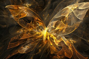 Aufkleber - Golden fractal butterfly with spread wings, flying in a dark space, creating a magical and elegant atmosphere