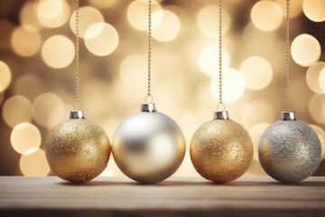 Poster - Four gold and silver christmas baubles hanging against a golden bokeh background create a festive holiday scene