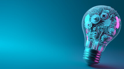 Poster - Light bulb filled with gears and circuits symbolizes innovation and technology against blue background, representing fusion of creativity and digital advancement
