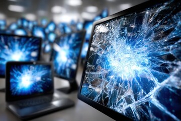 Fototapete - Shattered screens reflect vivid blue light in a technology-filled workspace