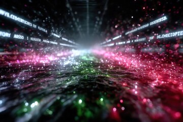Fototapete - Digital landscape with glowing particles and data streams flowing through a cybernetic environment