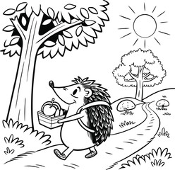 Aufkleber - whimsical cartoon hedgehog family illustration for a children's coloring book with forest and fantas